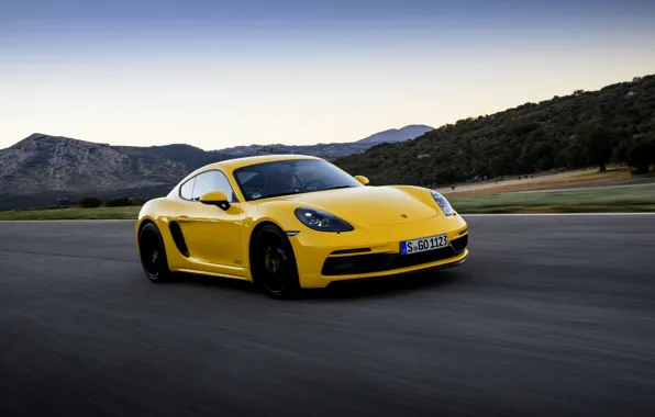 Picture yellow, movement, speed, track, Porsche, 2017, 718 Cayman GTS