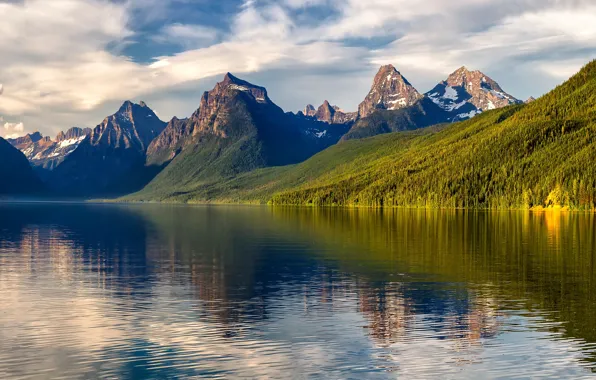 Forest, the sky, clouds, trees, mountains, lake, rocks, USA