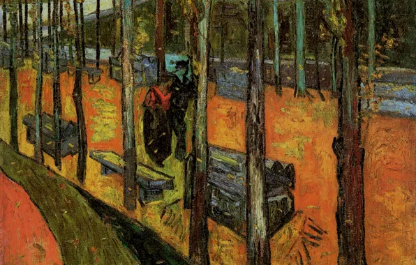 Picture trees, benches, passers-by, Vincent van Gogh, The Alyscamps 2