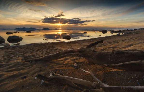 Sunset, Water, Sand, Reflection, Beach, Driftwood, Okoem, Boulders