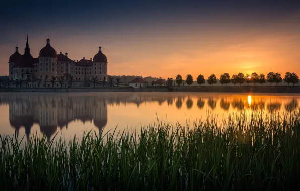 Sunset, castle, Germany, pond