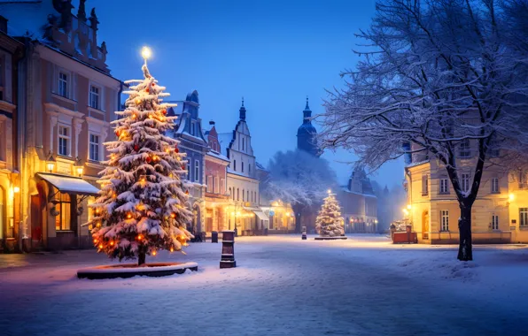 Picture winter, snow, decoration, night, the city, balls, street, tree