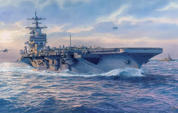 The ocean, ships, art, aircraft, artist, the carrier, Navy, painting