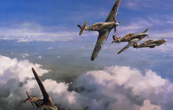 The sky, figure, art, fighters, Hawker Hurricane, WW2, British, single