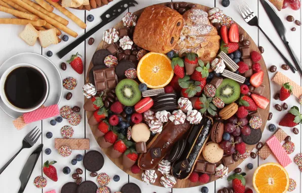 Berries, coffee, orange, chocolate, kiwi, cookies, strawberry, grapes