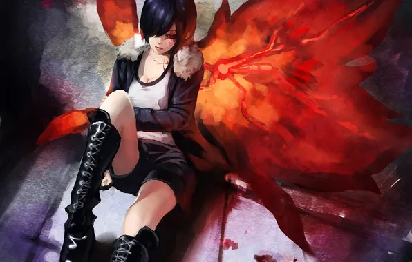 Picture girl, blood, wings, anime, art, Tokyo Ghoul, kirishima bring, gods