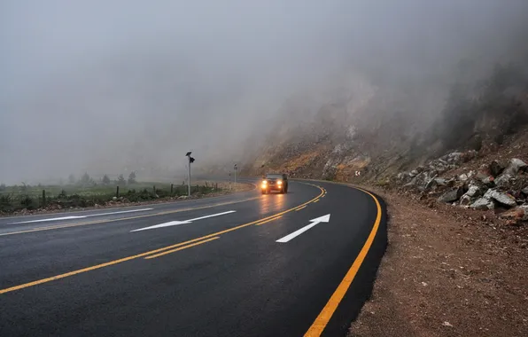 Road, machine, fog