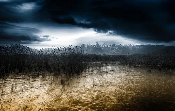 The sky, snow, mountains, clouds, lake, plants