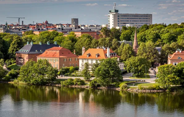 Trees, river, home, Stockholm, Sweden