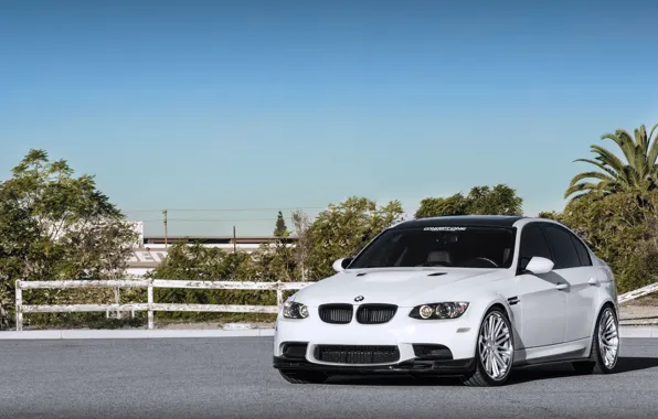 White, the sky, trees, bmw, BMW, the fence, white, front view