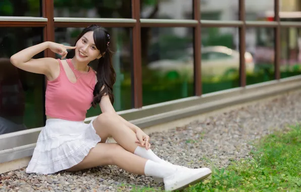 Girl, smile, skirt, Mike, legs, Asian