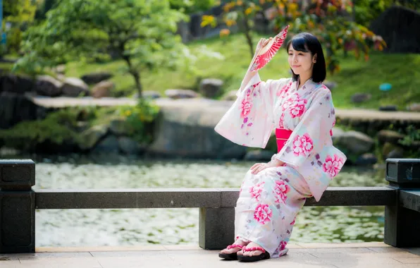 Girl, fan, kimono, siatka