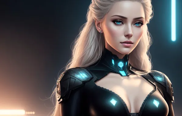 Girl, fantasy, armor, art, cyberpunk, blond, digital art, fantasy art
