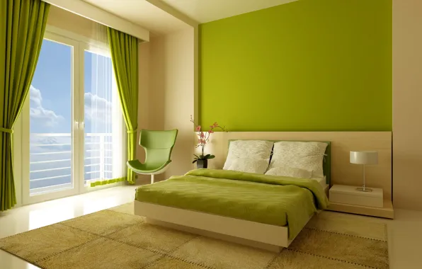 Design, style, room, bed, interior, chair, window, green