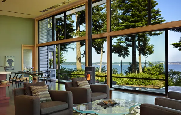 Picture trees, nature, lake, table, furniture, Windows, chairs, interior