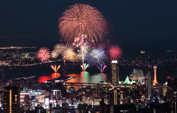 Japan, fireworks, japan, harbour, fireworks, harbor, Kobe, kobe