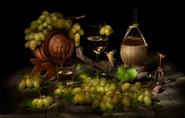 Wine, glass, bottle, food, grapes, black background, still life, items