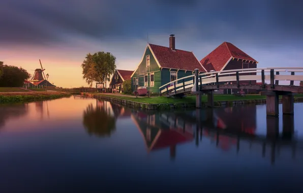 Picture river, the evening, channel, houses, house, Netherlands, the bridge