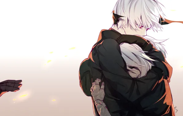 Hand, hugs, red eyes, black suit, a pair of lovers, yorha unit no. 2 type …