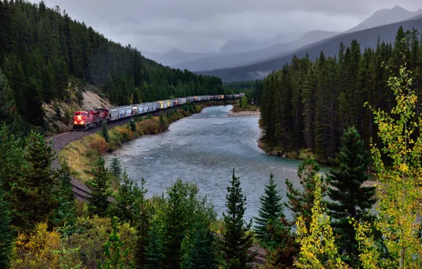 Nature, Mountains, River, Forest, Train, Rails