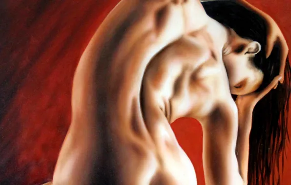 Girl, pose, hair, back, hands, curves, painting, red background