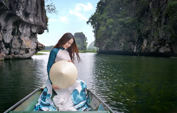 Picture nature, smile, boat, dress, Asian