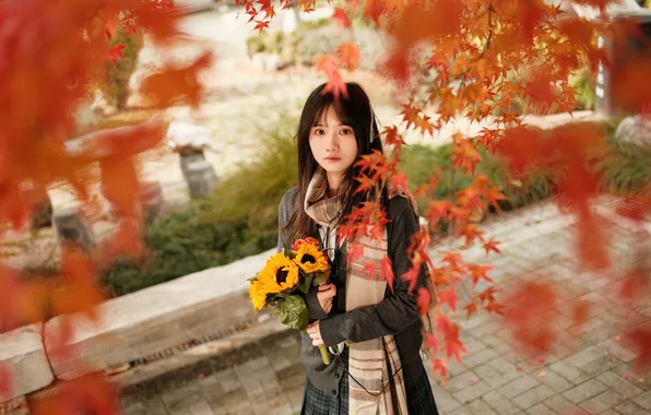 Beautiful, Asian, Model, Tree, Flowers, Woman, Bouquet, Cute