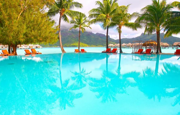 Palm trees, shore, pool, the hotel, Laguna, Bora-Bora, Polynesia