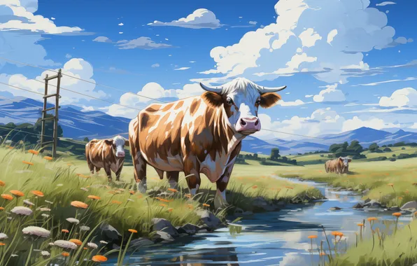 Clouds, Grass, Two, River, Bulls, Digital art, AI art, The Art of Artificial Intelligence