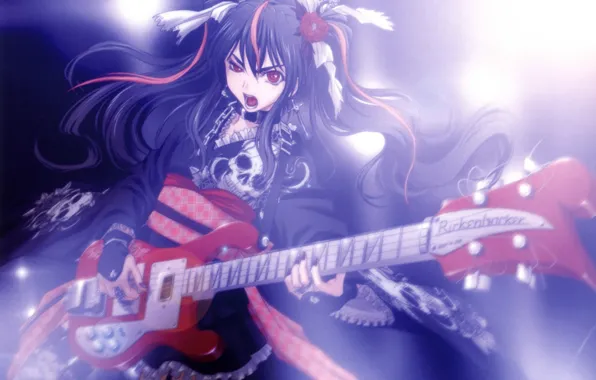 Girl, skull, guitar, cross, chain, concert, red eyes, long hair