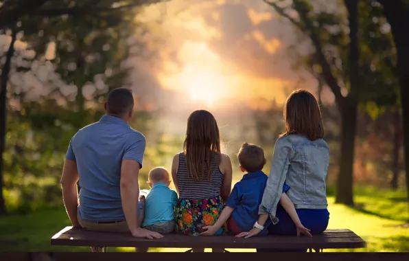 Sunset, children, bench, Family, parents