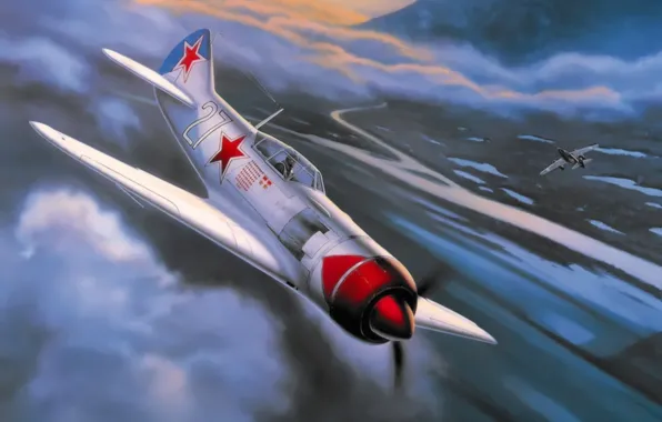 Picture war, art, painting, aviation, ww2, Messerschmitt Me 262, Lavochkin La-7