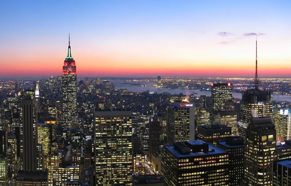 Sunset, The sky, Clouds, The evening, New York, Lights, The city, Manhattan