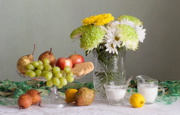 Picture flowers, lemon, Apple, bouquet, cookies, grapes, fruit, still life