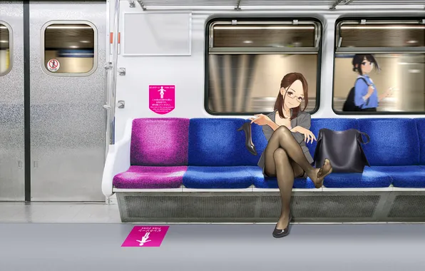 Girl, woman, seat, subway, pantyhose, subway train, pink zone, period