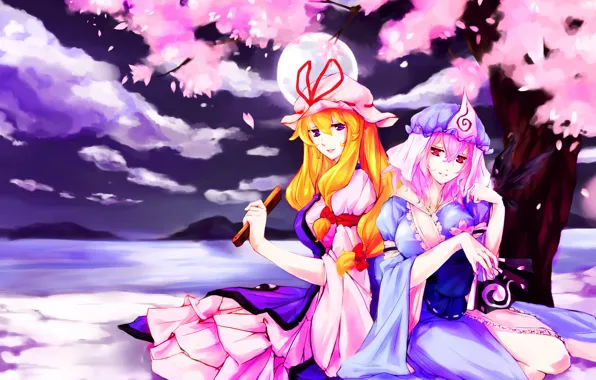 Joy, night, girls, mood, Sakura, fan, touhou, art