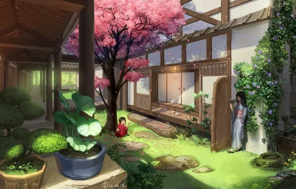 Picture house, girls, Asia, bonsai, garden, Sakura, art, kimono