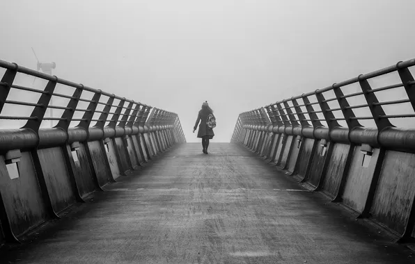 Girl, bridge, fog, back