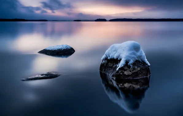 Picture winter, sea, snow, surface, stones, the evening, Bay