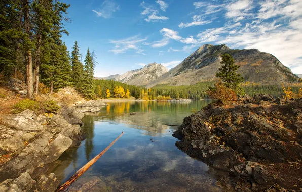 Picture autumn, the sky, leaves, trees, mountains, Canada, Albert, lake Minnewanka