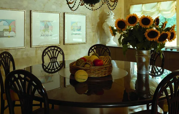 Sunflowers, table, furniture, chairs, window, pictures, vegetables
