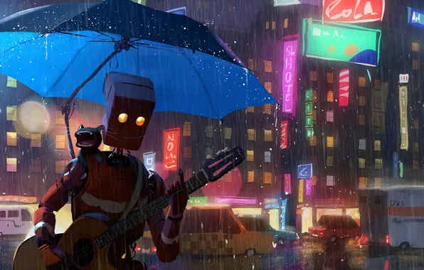 Picture city, guitar, fantasy, robot, rain, cars, umbrella, cat