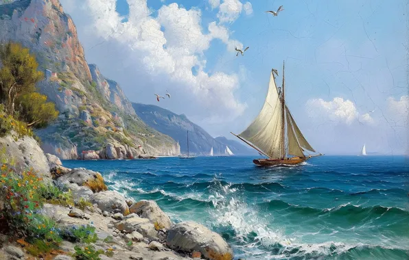 Sea, mountains, rocks, shore, boat, sailboat, picture, painting