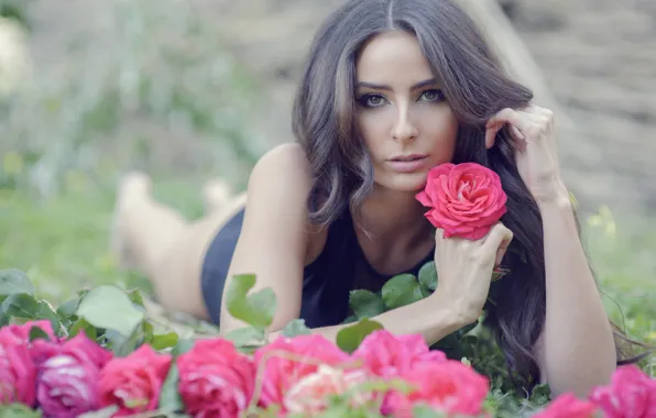 Model, roses, brown-eyed, Tatiana Alvarez
