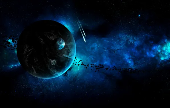Picture space, blue, planet, stars, asteroids