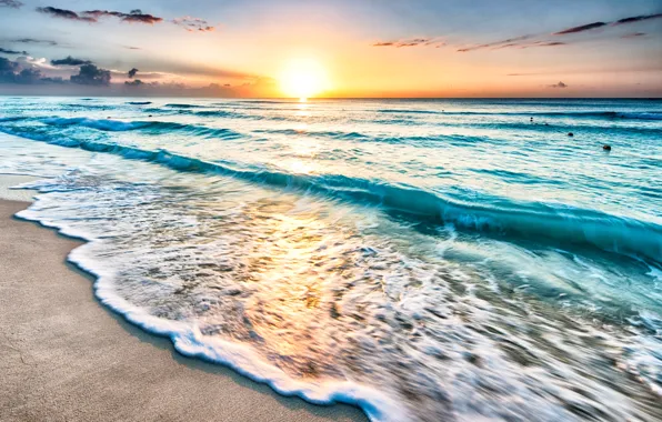 Picture sand, sea, the sun, dawn, shore, horizon, Mexico, surf