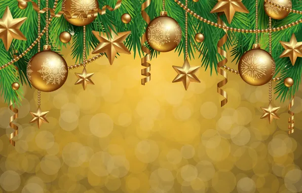 Wallpaper decoration, balls, tree, New Year, Christmas, golden