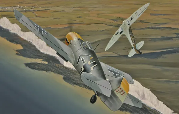 Picture war, art, airplane, aviation, ww2, messerschmitt bf 109, supermarine spitfire