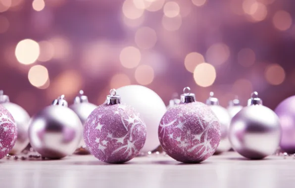 Balls, Christmas, purple, New year, lilac, Christmas decorations, lilac background, AI art