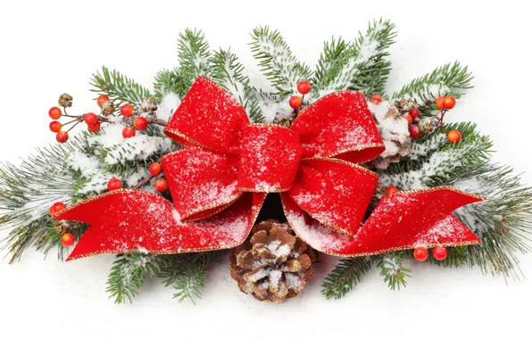 Picture snow, decoration, branches, red, holiday, new year, tape, white background